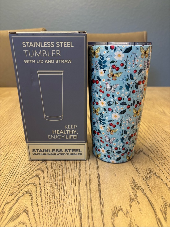 Other - Cherry & Butterfly Stainless Steel Vacuum Insulated Tumbler with Lid & Straw-NIB